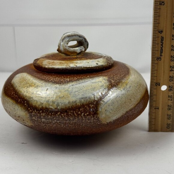 Glazed Studio Art Pottery Round Shallow Bowl Lided Tea Caddy Jar Stoneware Signe - Picture 13 of 15
